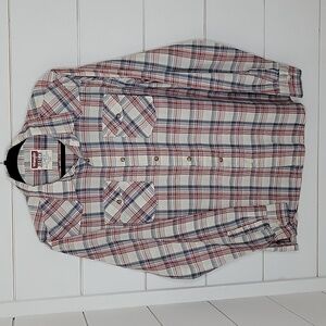WRANGLER JEANS CO large red white blue snap button shirt. Vintage Style.